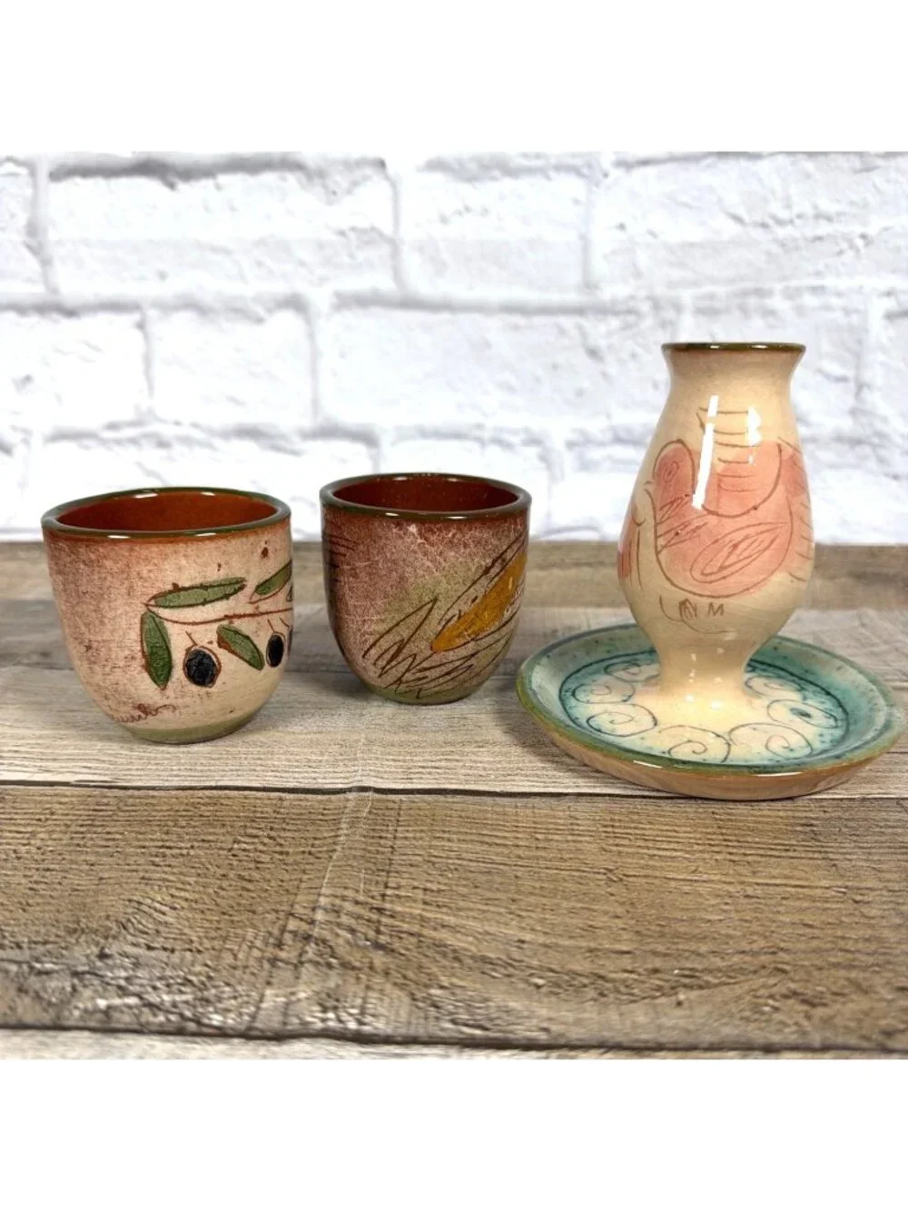 Vintage Hand Painted Signed Greek Art Pottery Candlestick Holder 2 Drinking Cups